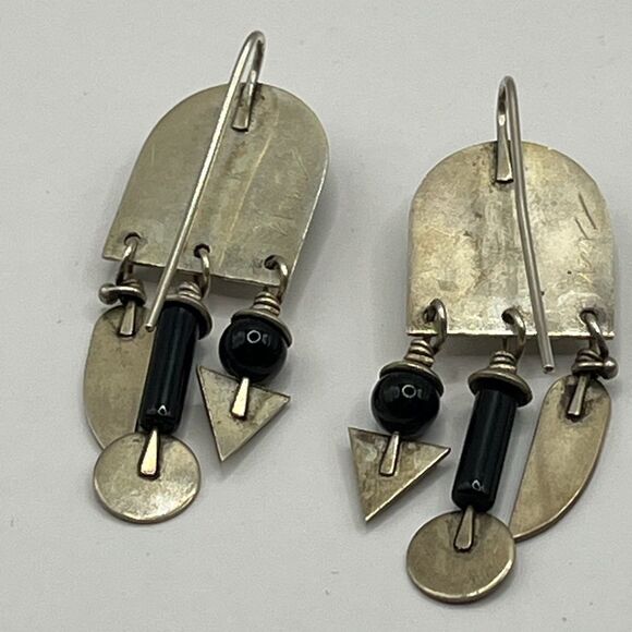 Signed Heinz Brummell Silver and Onyx Dangle Earrings - Picture 7 of 7